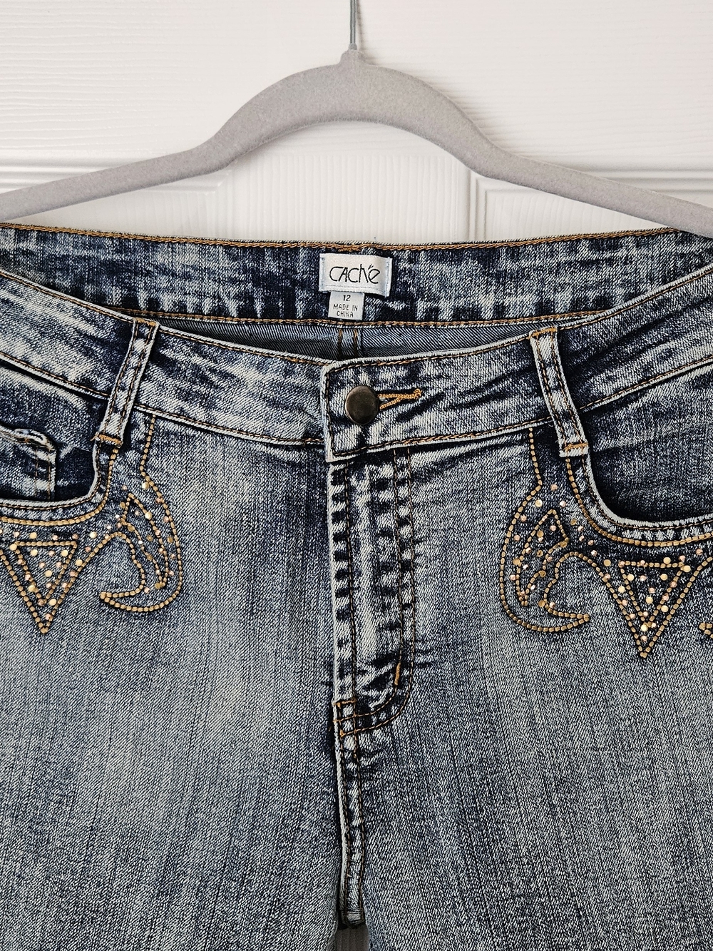 Cache Blue Denim Boot Cut Jeans with Gold Stud Detailing